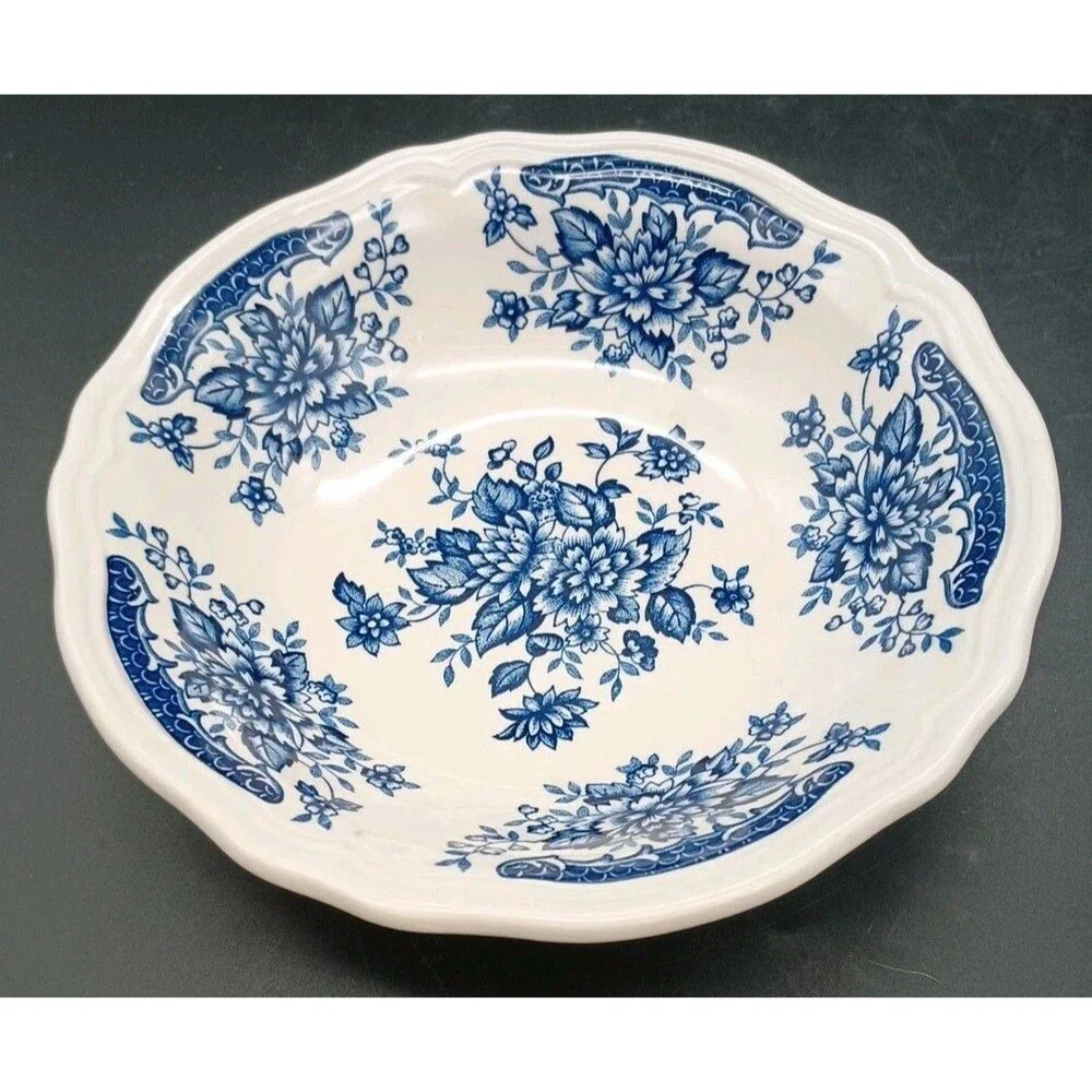 Blue Carnation Ironstone Cereal Bowl Floral Blue White Crazed